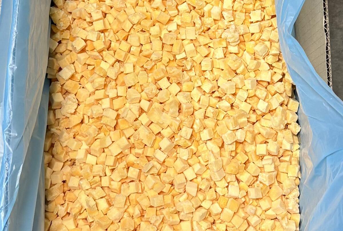 IQF peach dices, individually quick frozen, ten by ten millimetres