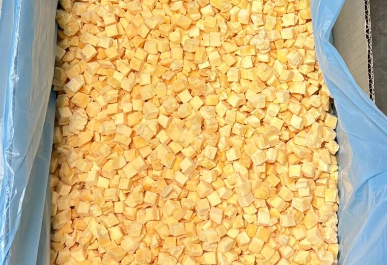 IQF peach dices, individually quick frozen, ten by ten millimetres
